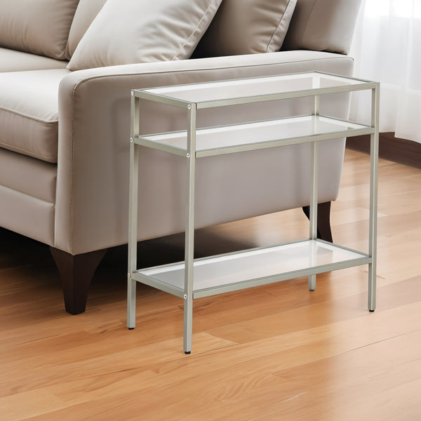 Homeroots 24" Nickel And Clear Glass And Steel End Table With Two Shelves   544214