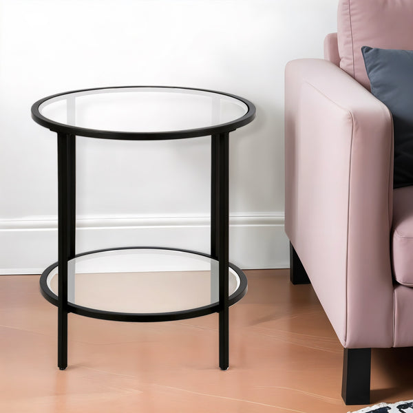 Homeroots 22" Black And Clear Glass And Steel Round End Table With Shelf   544216