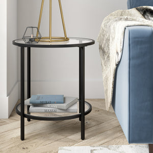 Homeroots 22" Black And Clear Glass And Steel Round End Table With Shelf   544216