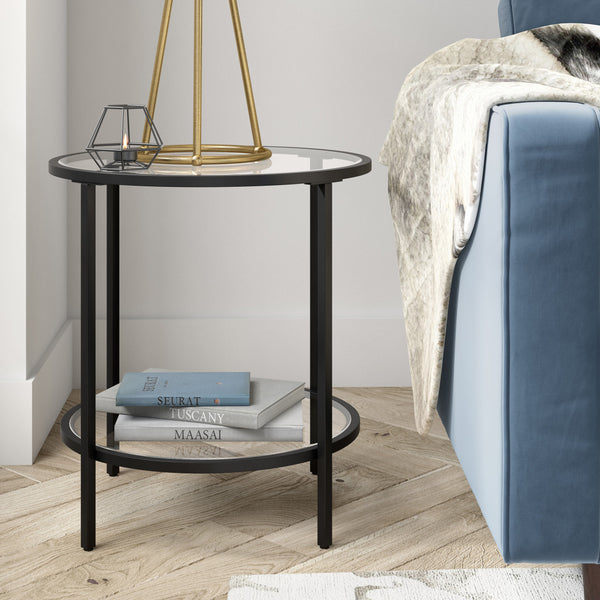 Homeroots 22" Black And Clear Glass And Steel Round End Table With Shelf   544216