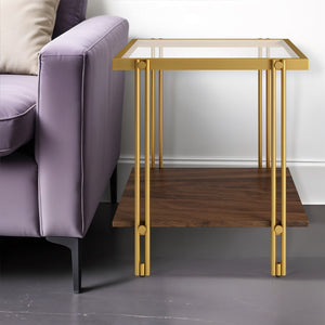 Homeroots 22" Brass And Clear Glass And Steel Square End Table With Shelf   544221