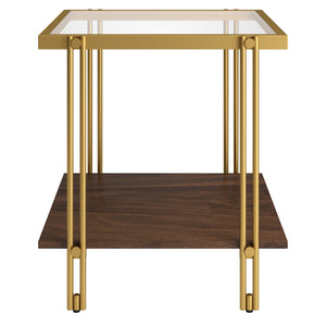Homeroots 22" Brass And Clear Glass And Steel Square End Table With Shelf   544221