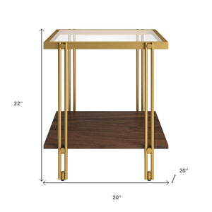 Homeroots 22" Brass And Clear Glass And Steel Square End Table With Shelf   544221