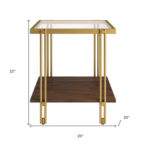 Homeroots 22" Brass And Clear Glass And Steel Square End Table With Shelf   544221