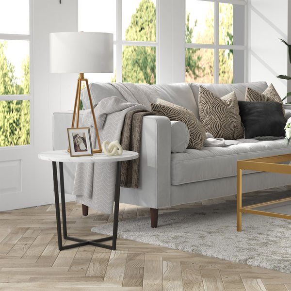 Homeroots 20" Black And White Faux Marble And Steel Round End Table   544222