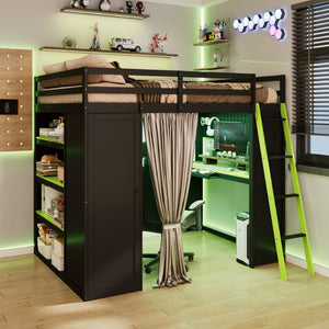 English Elm Full Size Wood Loft Bed with Wardrobe Desk Shelves Rgb Lighting and Blackout Curtains Black+Green LT000269AAF-1