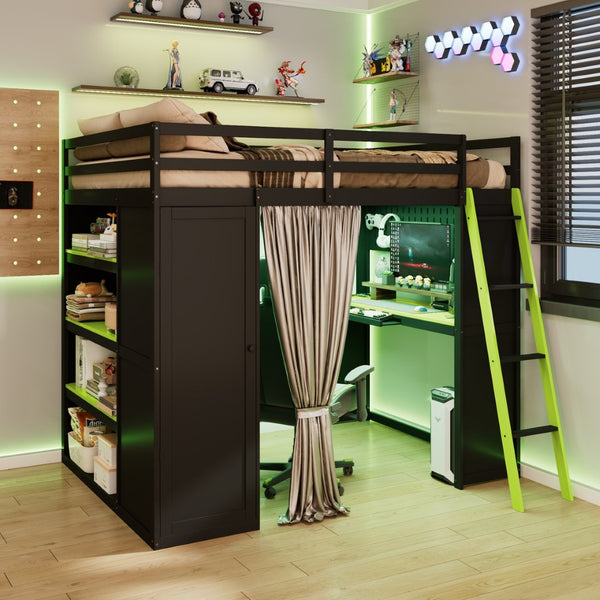 English Elm Full Size Wood Loft Bed with Wardrobe Desk Shelves Rgb Lighting and Blackout Curtains Black+Green LT000269AAF-1