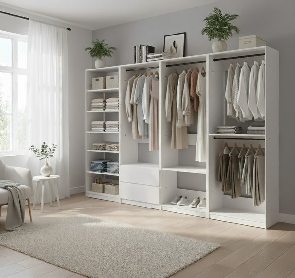 English Elm Prosper White Freestanding Walk-In Wood Closet System with Oak Finish, Ample Modular Storage & Easy Assembly B040S00147