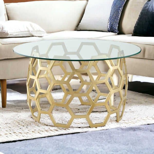 Homeroots 32" Clear And Gold Glass And Iron Round Coffee Table Gold  544267