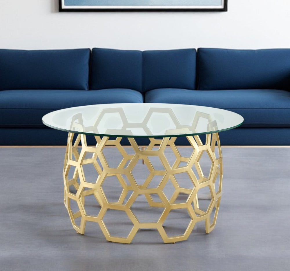 HomeRoots 32" Clear Glass Round Coffee Table with Elegant Iron Base - Modern Minimalist Living Room Accent Gold 544267