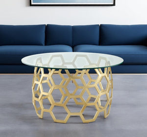 HomeRoots 32" Clear Glass Round Coffee Table with Elegant Iron Base - Modern Minimalist Living Room Accent Gold 544267