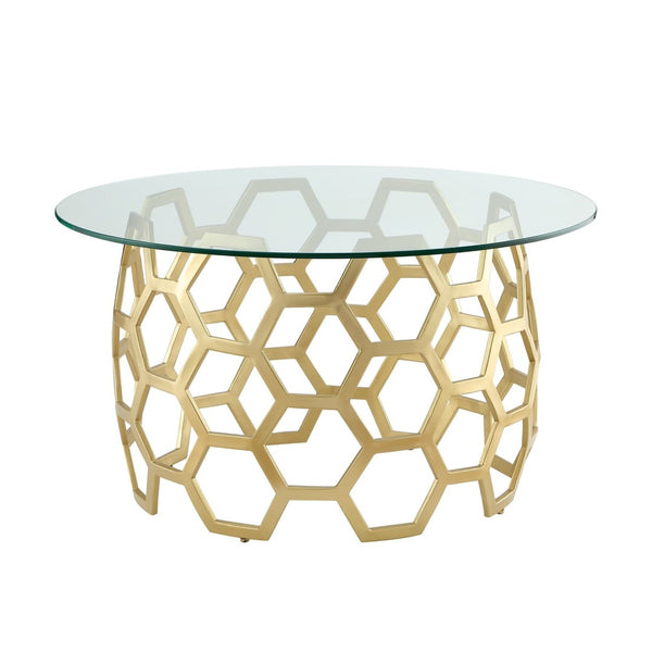 HomeRoots 32" Clear Glass Round Coffee Table with Elegant Iron Base - Modern Minimalist Living Room Accent Gold 544267