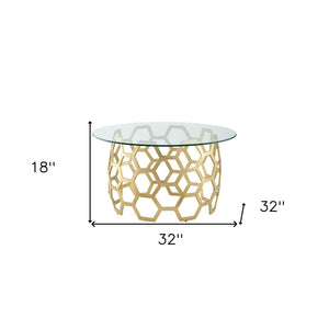 HomeRoots 32" Clear Glass Round Coffee Table with Elegant Iron Base - Modern Minimalist Living Room Accent Gold 544267