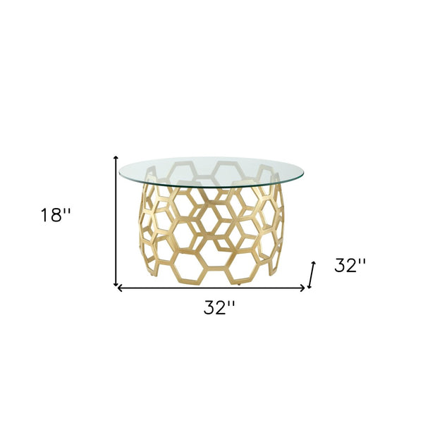 HomeRoots 32" Clear Glass Round Coffee Table with Elegant Iron Base - Modern Minimalist Living Room Accent Gold 544267