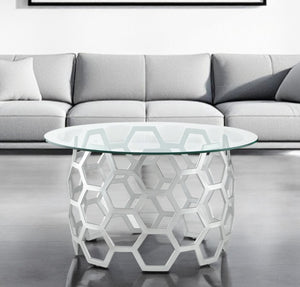 HomeRoots 32" Clear Glass Round Coffee Table with Elegant Iron Base - Modern Minimalist Living Room Accent Silver 544268