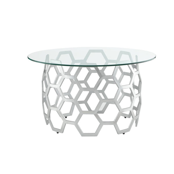 HomeRoots 32" Clear Glass Round Coffee Table with Elegant Iron Base - Modern Minimalist Living Room Accent Silver 544268