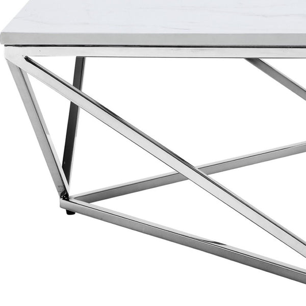 HomeRoots 36" Modern Square Coffee Table - White Wood Top & Silver Iron Base for Stylish Living Spaces 544269