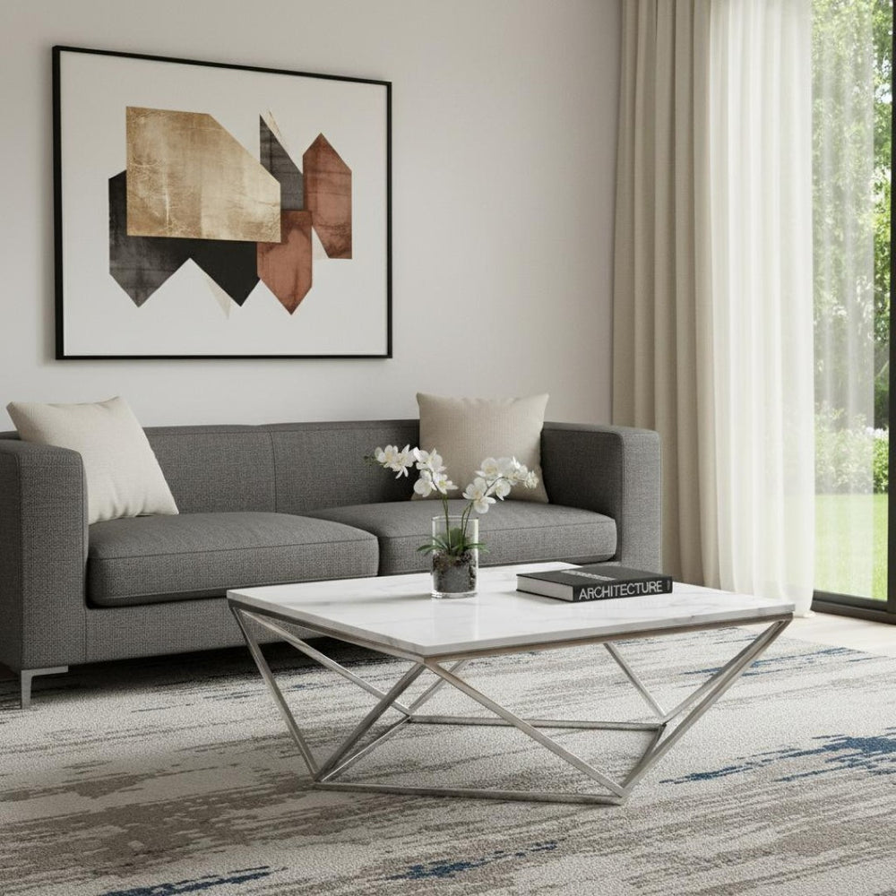 HomeRoots 36" Modern Square Coffee Table - White Wood Top & Silver Iron Base for Stylish Living Spaces 544269