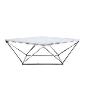 HomeRoots 36" Modern Square Coffee Table - White Wood Top & Silver Iron Base for Stylish Living Spaces 544269