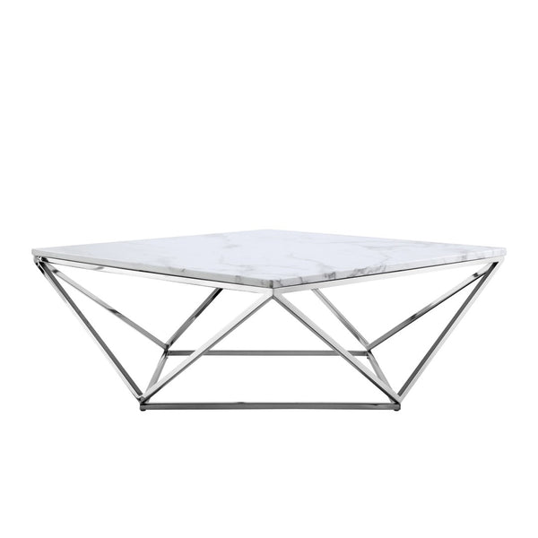 HomeRoots 36" Modern Square Coffee Table - White Wood Top & Silver Iron Base for Stylish Living Spaces 544269