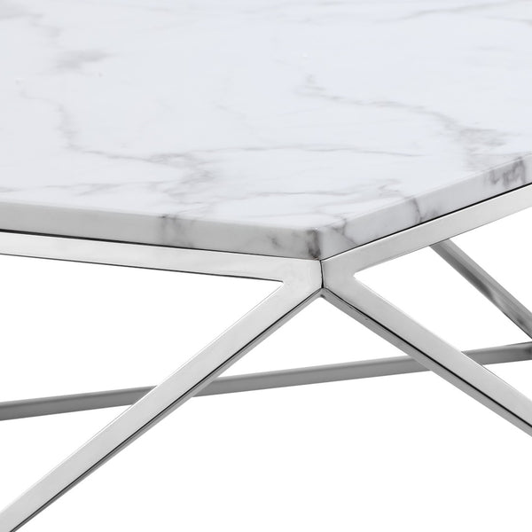 HomeRoots 36" Modern Square Coffee Table - White Wood Top & Silver Iron Base for Stylish Living Spaces 544269
