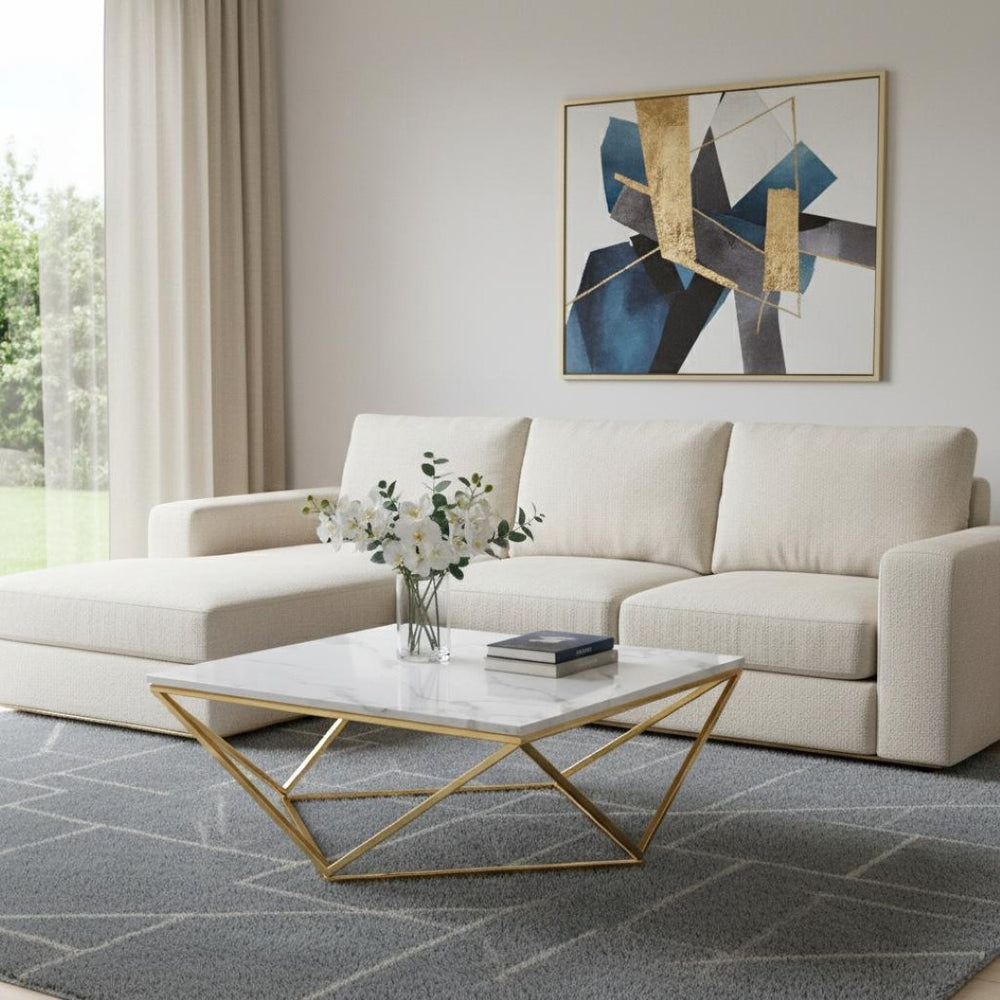 HomeRoots 36" Modern White and Gold Square Coffee Table - Stylish Geometric Design for Chic Interiors 544270