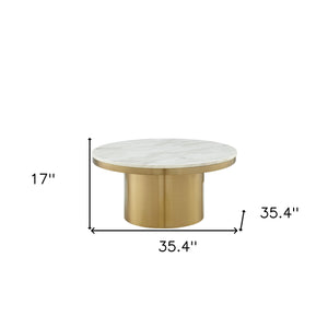 Homeroots 35" White And Gold Genuine Marble And Stainless Steel Round Coffee Table   544271