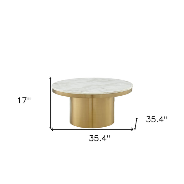 Homeroots 35" White And Gold Genuine Marble And Stainless Steel Round Coffee Table   544271
