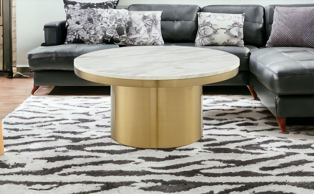 Homeroots 35" White And Gold Genuine Marble And Stainless Steel Round Coffee Table   544271