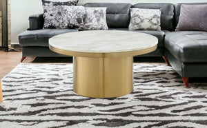 Homeroots 35" White And Gold Genuine Marble And Stainless Steel Round Coffee Table   544271