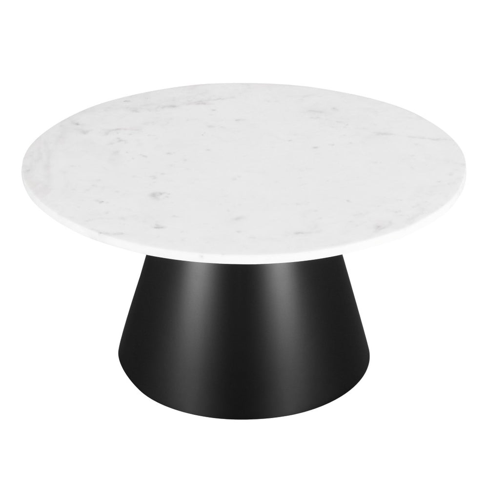 HomeRoots 32" Modern Round Drum Coffee Table with White Marble Top & Black Steel Base for Stylish Living Spaces 544272