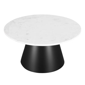 HomeRoots 32" Modern Round Drum Coffee Table with White Marble Top & Black Steel Base for Stylish Living Spaces 544272