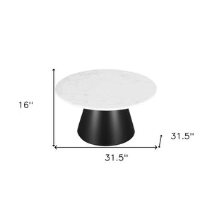 HomeRoots 32" Modern Round Drum Coffee Table with White Marble Top & Black Steel Base for Stylish Living Spaces 544272