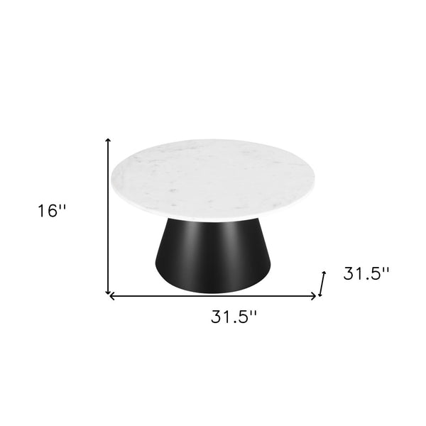 HomeRoots 32" Modern Round Drum Coffee Table with White Marble Top & Black Steel Base for Stylish Living Spaces 544272