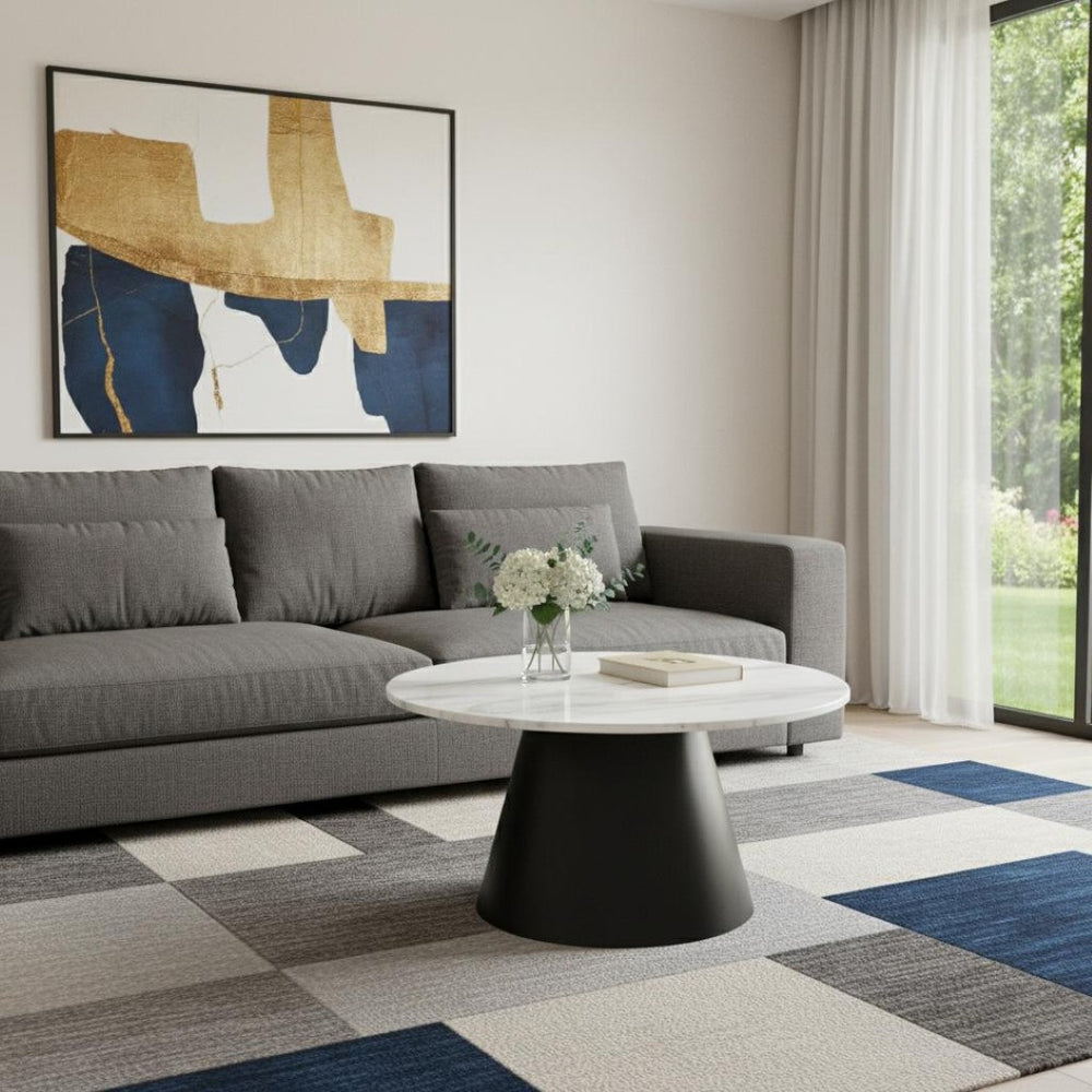 HomeRoots 32" Modern Round Drum Coffee Table with White Marble Top & Black Steel Base for Stylish Living Spaces 544272