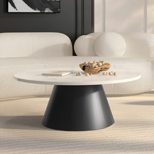 HomeRoots 32" Modern Round Drum Coffee Table with White Marble Top & Black Steel Base for Stylish Living Spaces 544272