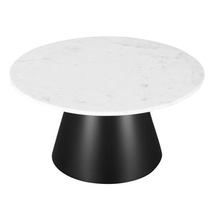 HomeRoots 32" Modern Round Drum Coffee Table with White Marble Top & Black Steel Base for Stylish Living Spaces 544272