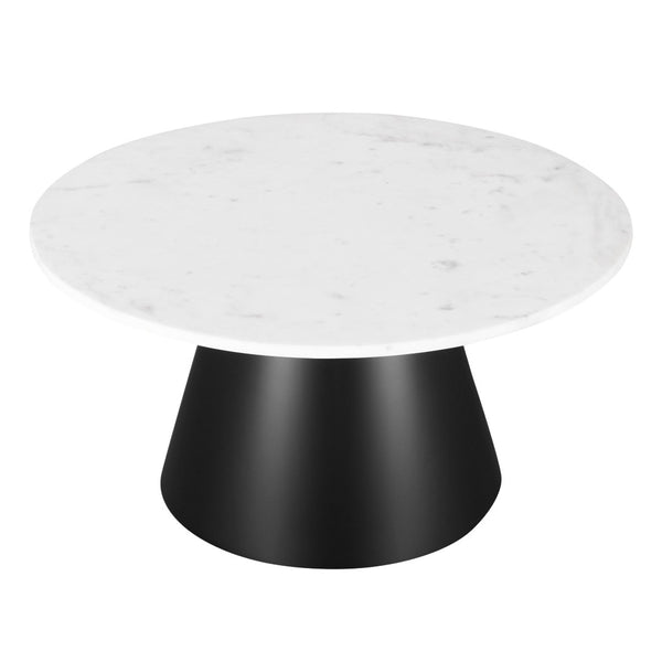 HomeRoots 32" Modern Round Drum Coffee Table with White Marble Top & Black Steel Base for Stylish Living Spaces 544272