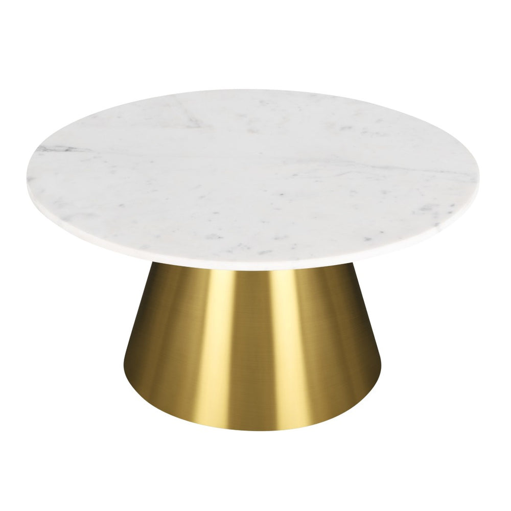 HomeRoots 32" White and Gold Round Drum Coffee Table - Elegant Marble Top with Sleek Steel Base for Living Spaces 544273