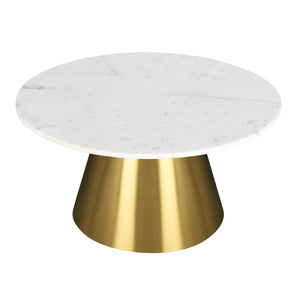 HomeRoots 32" White and Gold Round Drum Coffee Table - Elegant Marble Top with Sleek Steel Base for Living Spaces 544273