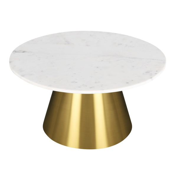 HomeRoots 32" White and Gold Round Drum Coffee Table - Elegant Marble Top with Sleek Steel Base for Living Spaces 544273