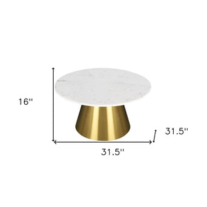 HomeRoots 32" White and Gold Round Drum Coffee Table - Elegant Marble Top with Sleek Steel Base for Living Spaces 544273