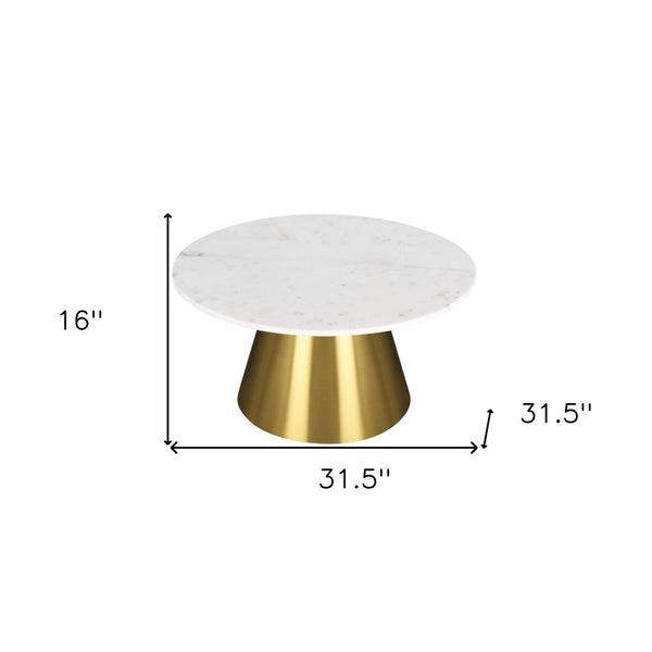 HomeRoots 32" White and Gold Round Drum Coffee Table - Elegant Marble Top with Sleek Steel Base for Living Spaces 544273