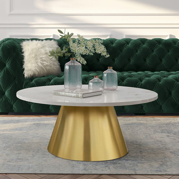HomeRoots 32" White and Gold Round Drum Coffee Table - Elegant Marble Top with Sleek Steel Base for Living Spaces 544273