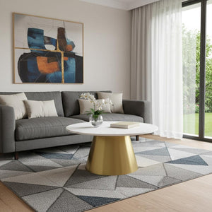 HomeRoots 32" White and Gold Round Drum Coffee Table - Elegant Marble Top with Sleek Steel Base for Living Spaces 544273