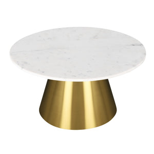 HomeRoots 32" White and Gold Round Drum Coffee Table - Elegant Marble Top with Sleek Steel Base for Living Spaces 544273