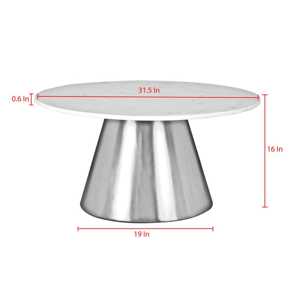 HomeRoots 32" White and Gold Round Drum Coffee Table - Elegant Marble Top with Sleek Steel Base for Living Spaces 544273