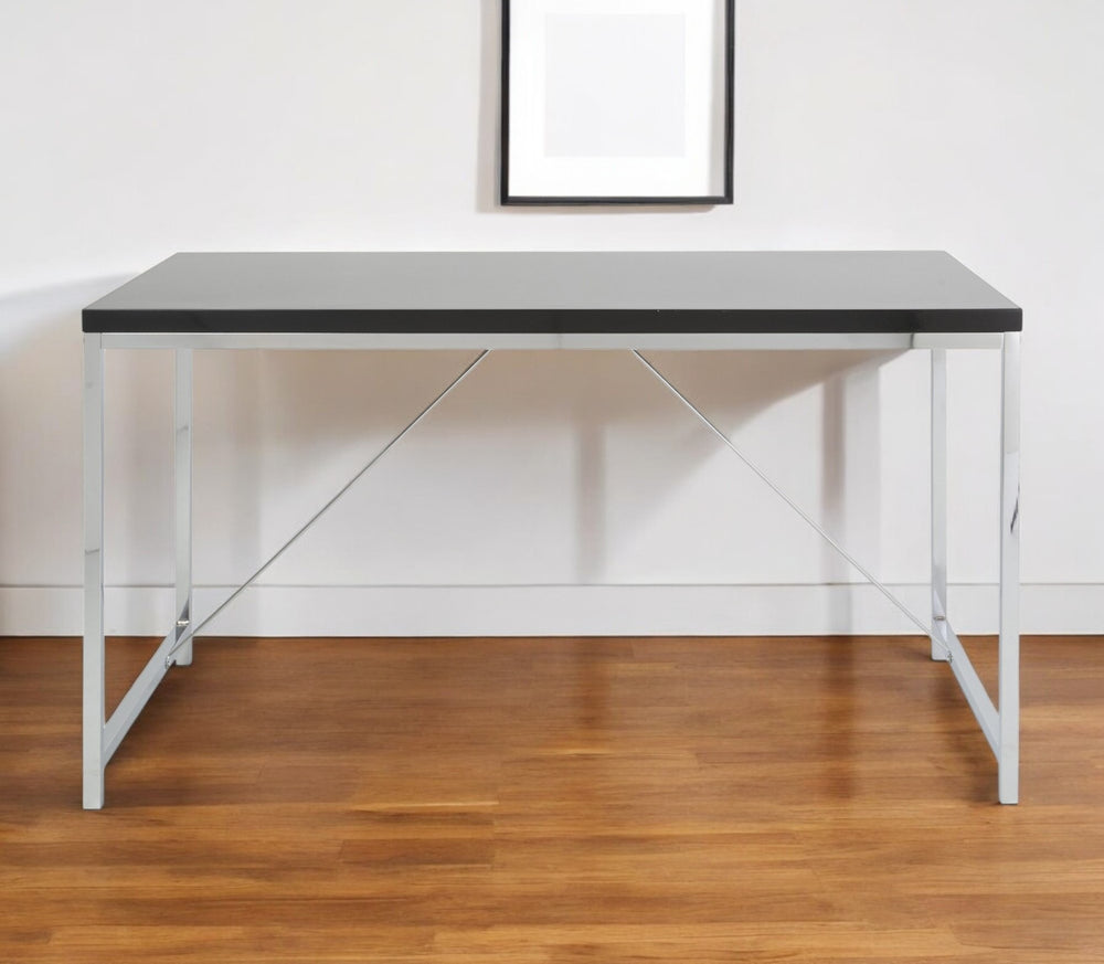 Homeroots 54" Elegant Black And Silver Wood & Stainless Steel Writing Desk For Stylish Home Offices & Bedrooms   544278