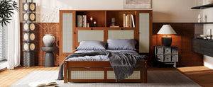 English Elm Twin Multifunctional Bed with Rattan Headboard Storage, Drawer & Shelves — Space-Saving Pine Design Walnut 50.4 L x 19.8 W x 5.5 H N733S241280D