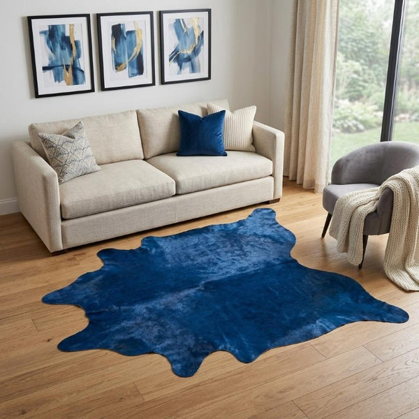 Genuine Cowhide Hand Knotted Area Rug Bold Cobalt Artisan Crafted Living Room Accent